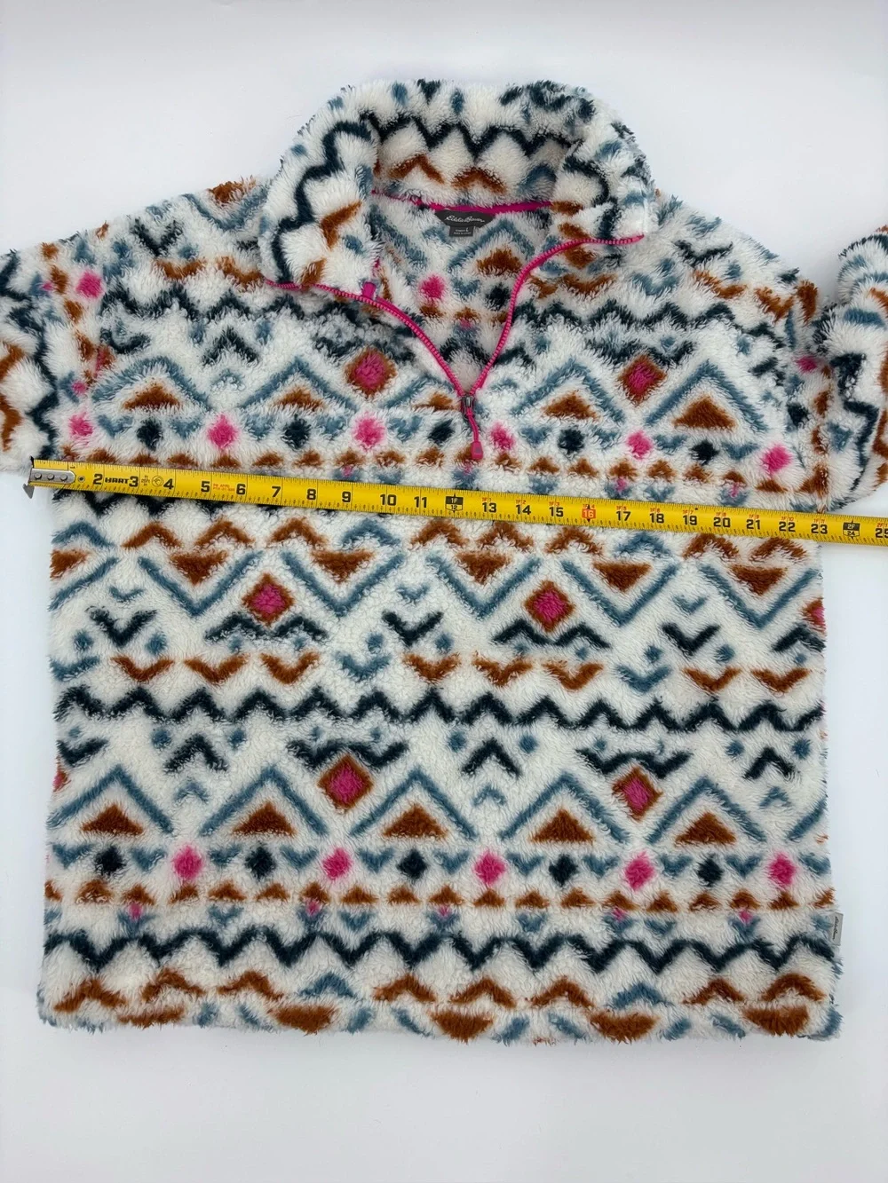 Eddie Bauer Cream Fuzzy Pullover with Brown, Navy & Pink Pattern